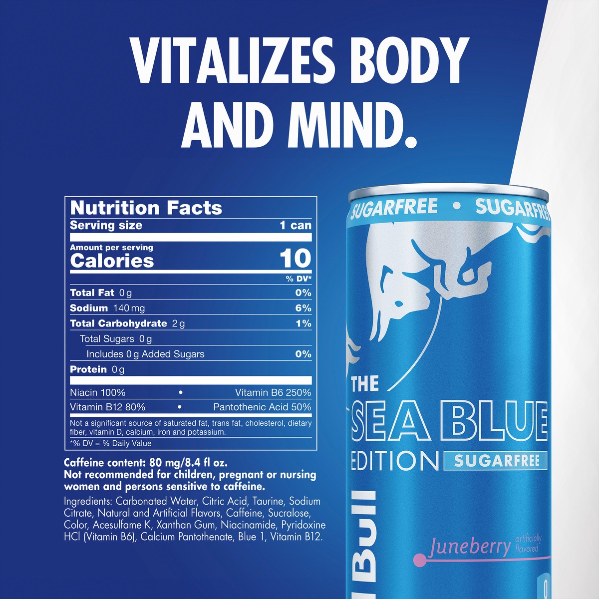 slide 9 of 9, Red Bull Sea Blue Edition Sugar Free Energy Drink, Juneberry, 8.4 fl. oz., Pack of 4 cans, with 80mg Caffeine, Taurine & B Vitamins, 4 pk