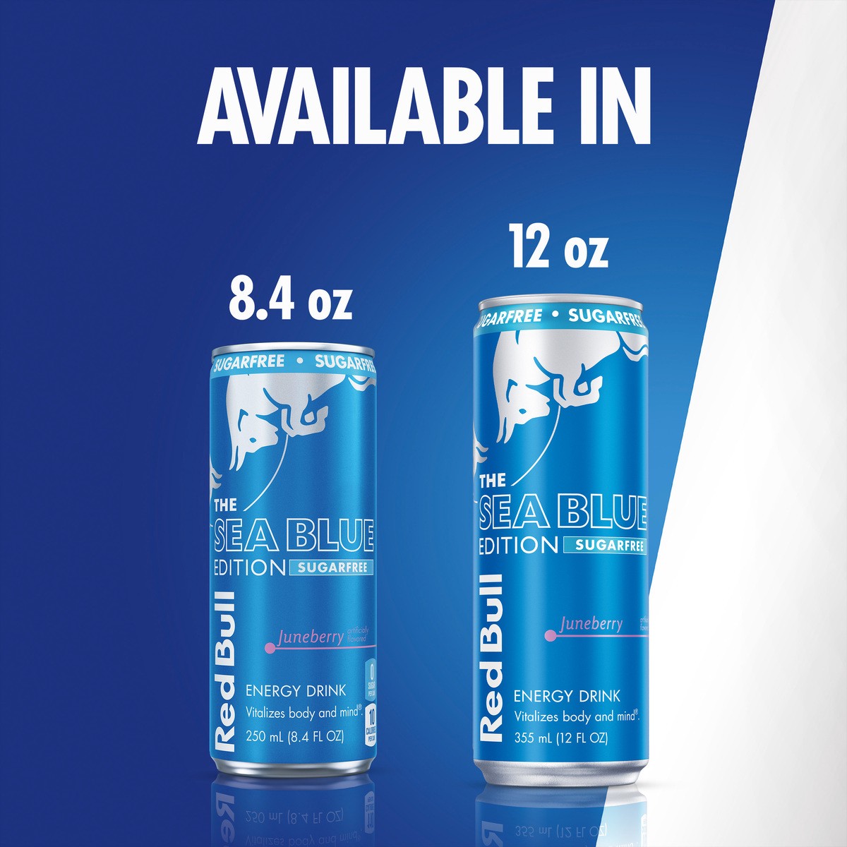 slide 7 of 9, Red Bull Sea Blue Edition Sugar Free Energy Drink, Juneberry, 8.4 fl. oz., Pack of 4 cans, with 80mg Caffeine, Taurine & B Vitamins, 4 pk