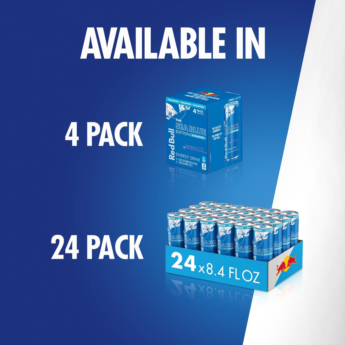 slide 4 of 9, Red Bull Sea Blue Edition Sugar Free Energy Drink, Juneberry, 8.4 fl. oz., Pack of 4 cans, with 80mg Caffeine, Taurine & B Vitamins, 4 pk