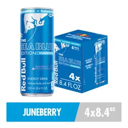 Red Bull Sea Blue Edition Sugar Free Energy Drink, Juneberry, 8.4 fl. oz., Pack of 4 cans, with 80mg Caffeine, Taurine & B Vitamins