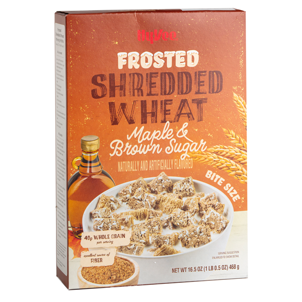 slide 1 of 1, Hy-vee Maple Brown Sugar Flavored Frosted Bite Size Lightly Sweetened Shredded Whole Grain Wheat Cereal, 16.5 oz