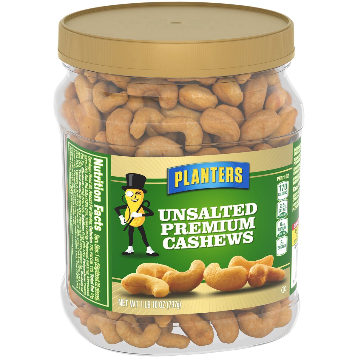 slide 6 of 13, Planters Unsalted Premium Cashews, 1.63 lb Container, 