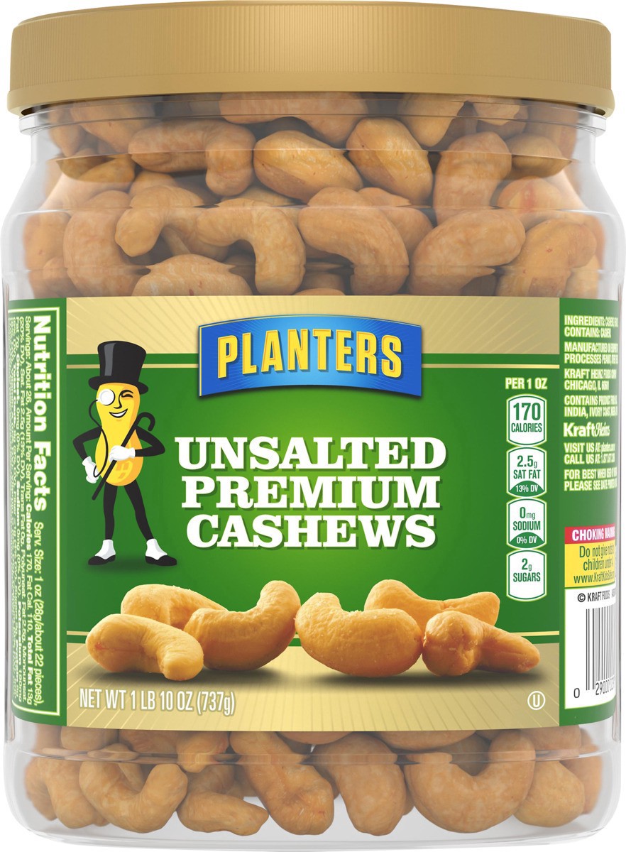 slide 2 of 13, Planters Unsalted Premium Cashews, 1.63 lb Container, 