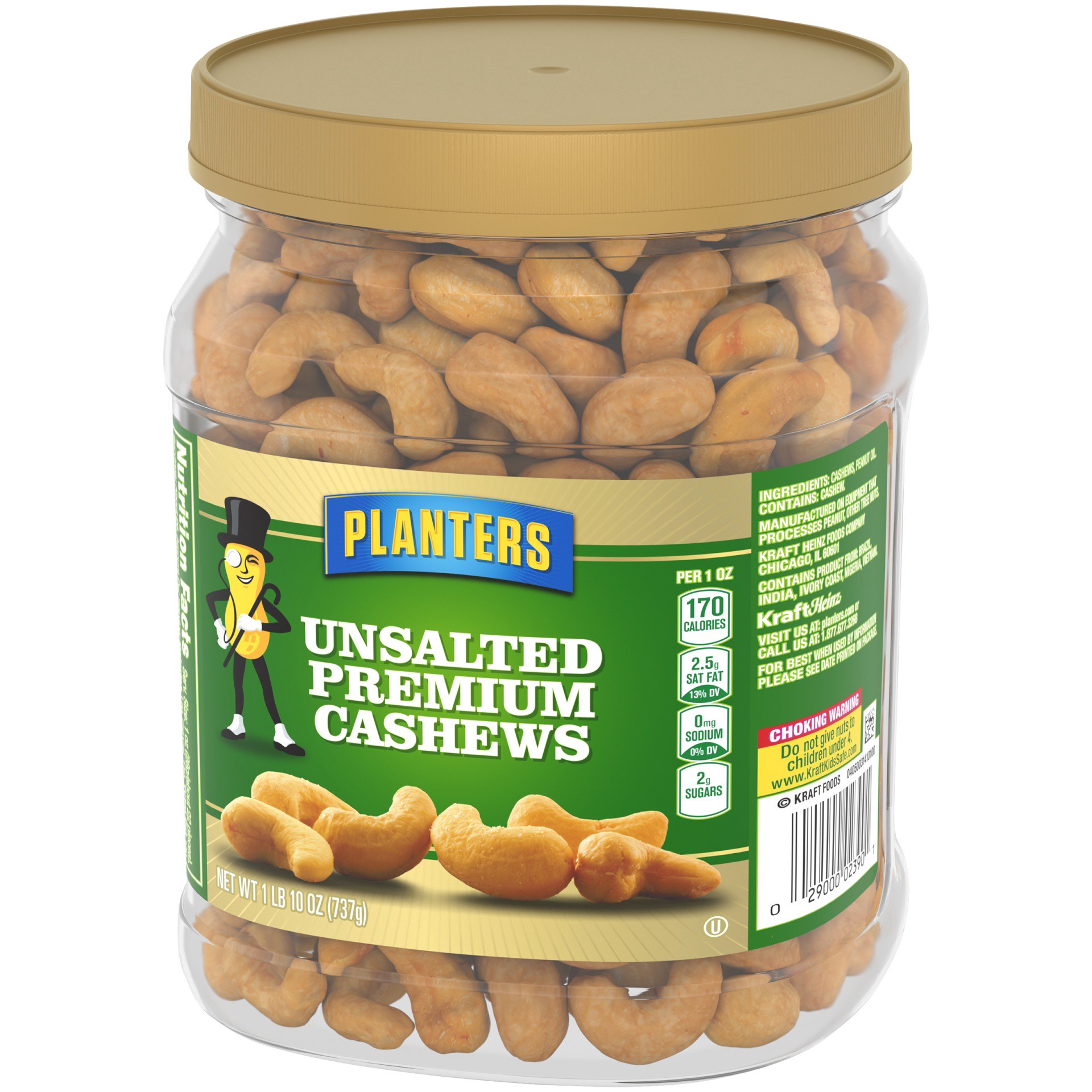 slide 3 of 13, Planters Unsalted Premium Cashews, 1.63 lb Container, 