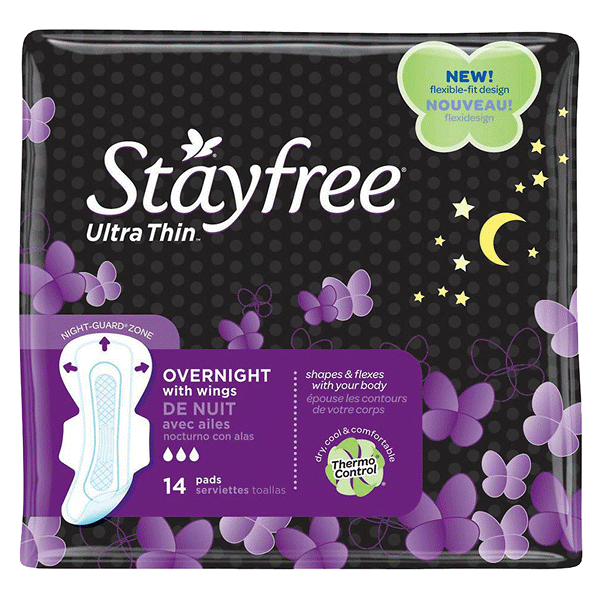 slide 1 of 1, Stayfree Ultra Thin Pads Overnight with Wings, 14 ct