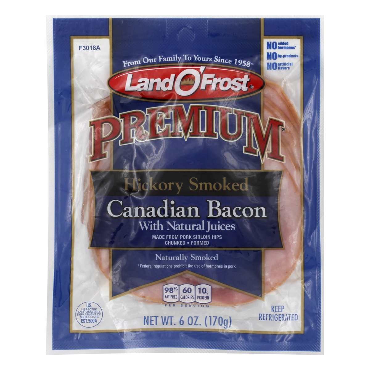 slide 1 of 1, Land O' Frost Canadian Bacon, with Natural Juices, Hickory Smoked, 6 oz