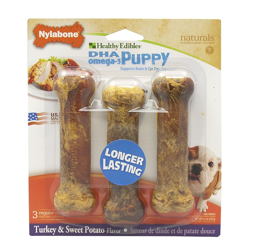 slide 1 of 1, Nylabone Healthy Edibles Turkey & Sweet Potato Puppy Bone Treats, 1 ct