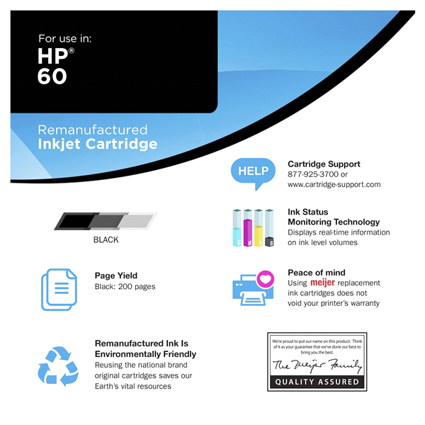 slide 12 of 13, Meijer Brand Remanufactured Ink Cartridge, replacement for HP 60 Ink Black, STANDARD  