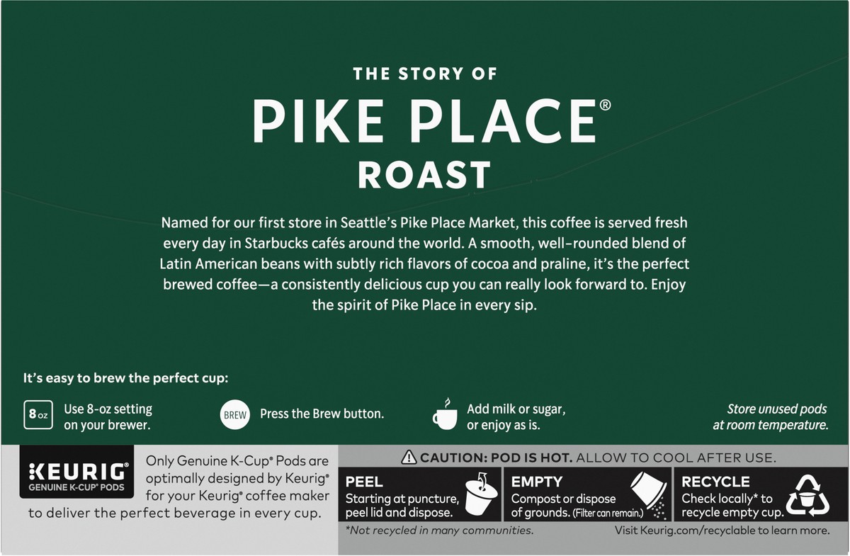 slide 2 of 9, Starbucks K-Cup Pods Medium Ground 100% Arabica Pike Place Roast Coffee 10 - 0.44 oz Pods, 10 ct