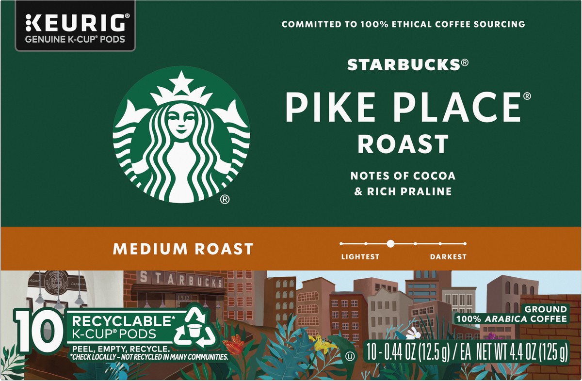 slide 9 of 9, Starbucks K-Cup Pods Medium Ground 100% Arabica Pike Place Roast Coffee 10 - 0.44 oz Pods, 10 ct
