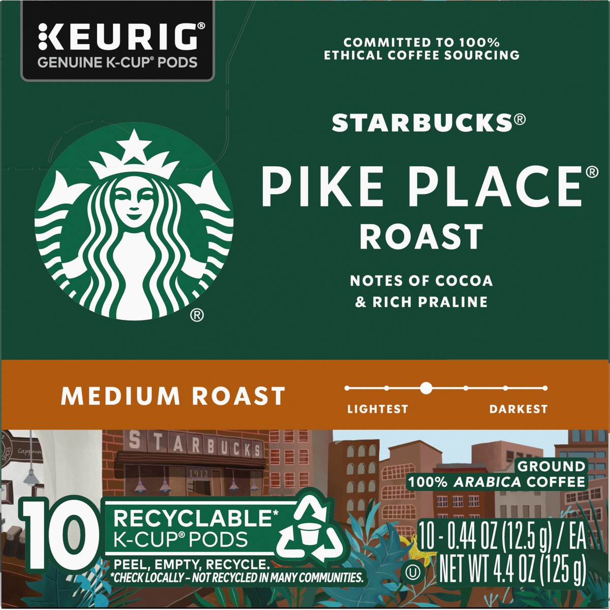 slide 3 of 9, Starbucks K-Cup Pods Medium Ground 100% Arabica Pike Place Roast Coffee 10 - 0.44 oz Pods, 10 ct