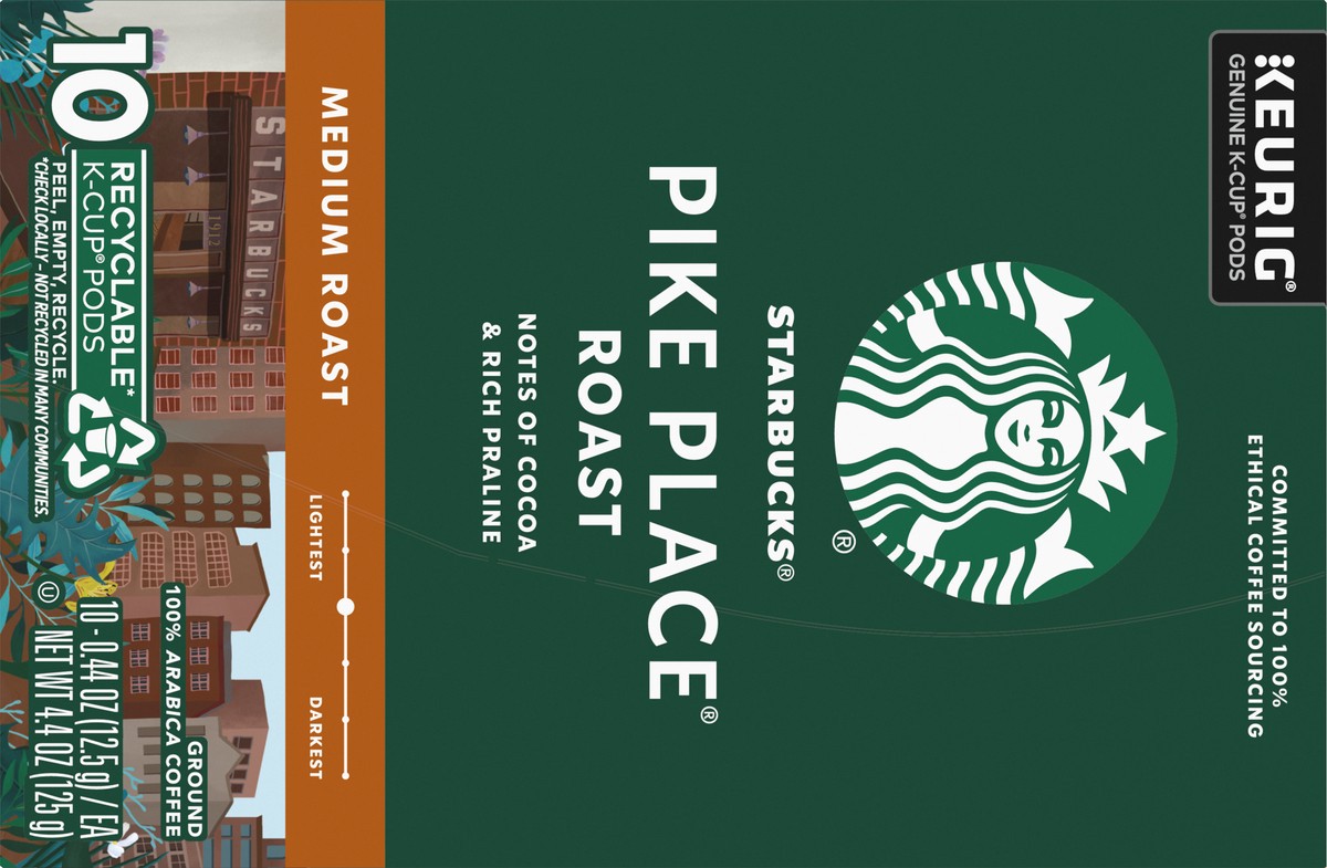 slide 7 of 9, Starbucks K-Cup Coffee Pods, Medium Roast Coffee, Pike Place Roast For Keurig Coffee Makers, 100% Arabica, 1 Box (10 Pods), 10 ct