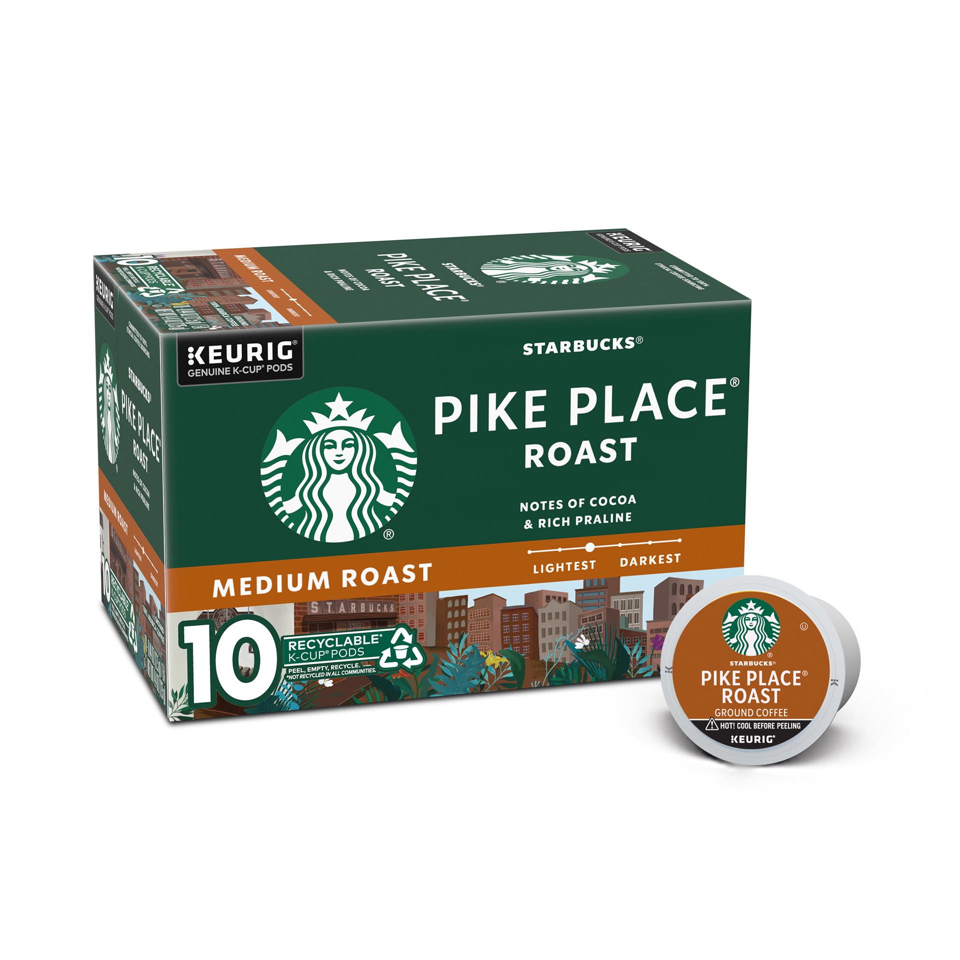 slide 1 of 9, Starbucks K-Cup Pods Medium Ground 100% Arabica Pike Place Roast Coffee 10 - 0.44 oz Pods, 10 ct