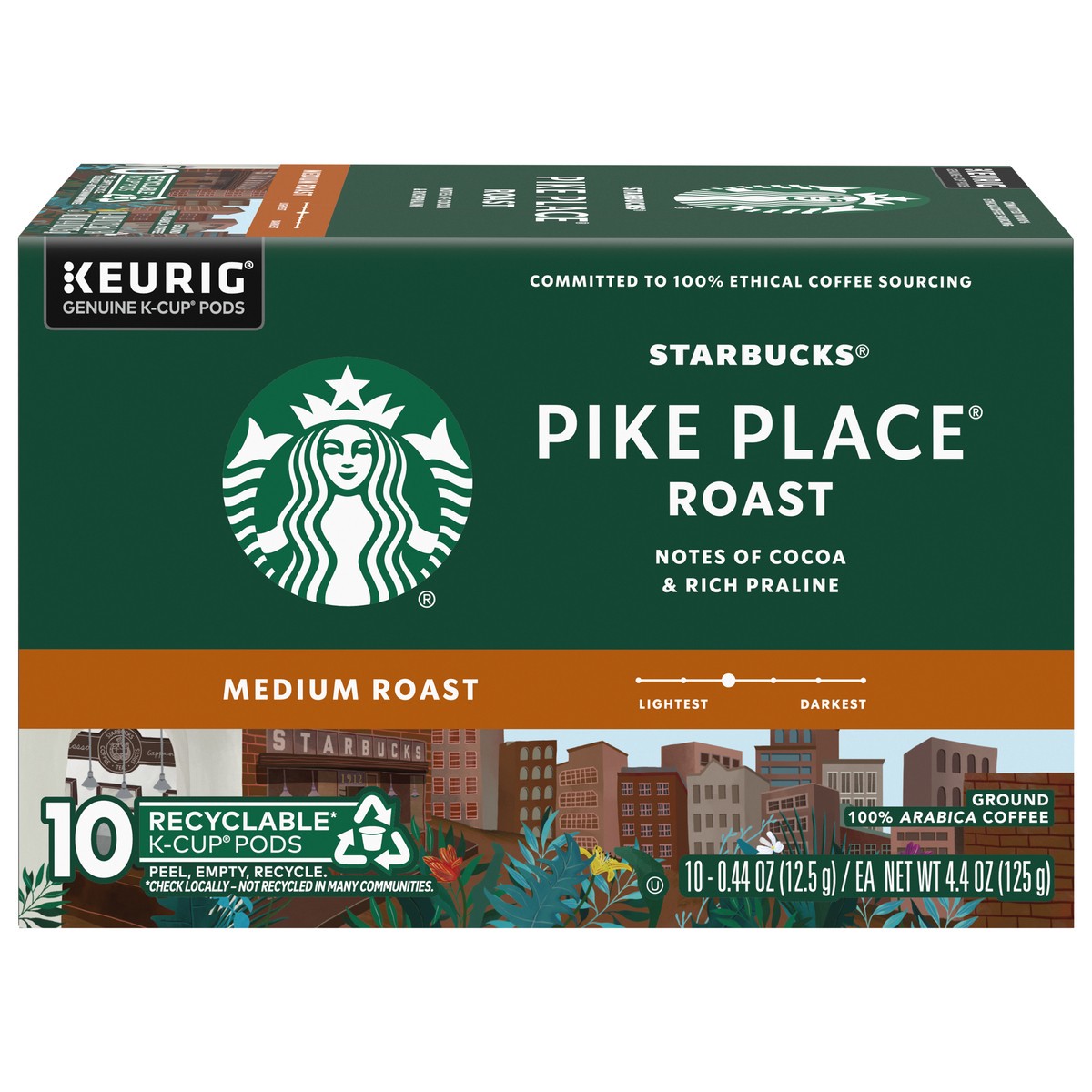 slide 1 of 9, Starbucks K-Cup Pods Medium Ground 100% Arabica Pike Place Roast Coffee 10 - 0.44 oz Pods, 10 ct