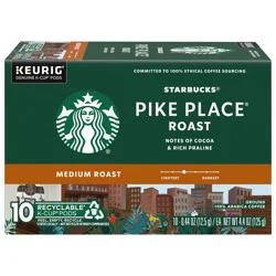 Starbucks K-Cup Pods Medium Ground 100% Arabica Pike Place Roast Coffee 10 - 0.44 oz Pods