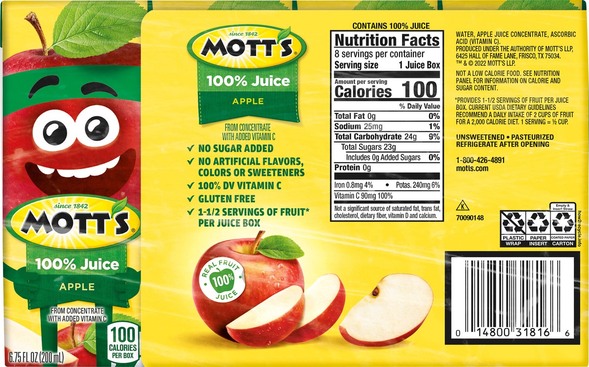 slide 5 of 7, Mott's 100% Original Apple Juice- 8 ct, 8 ct; 6.75 fl oz