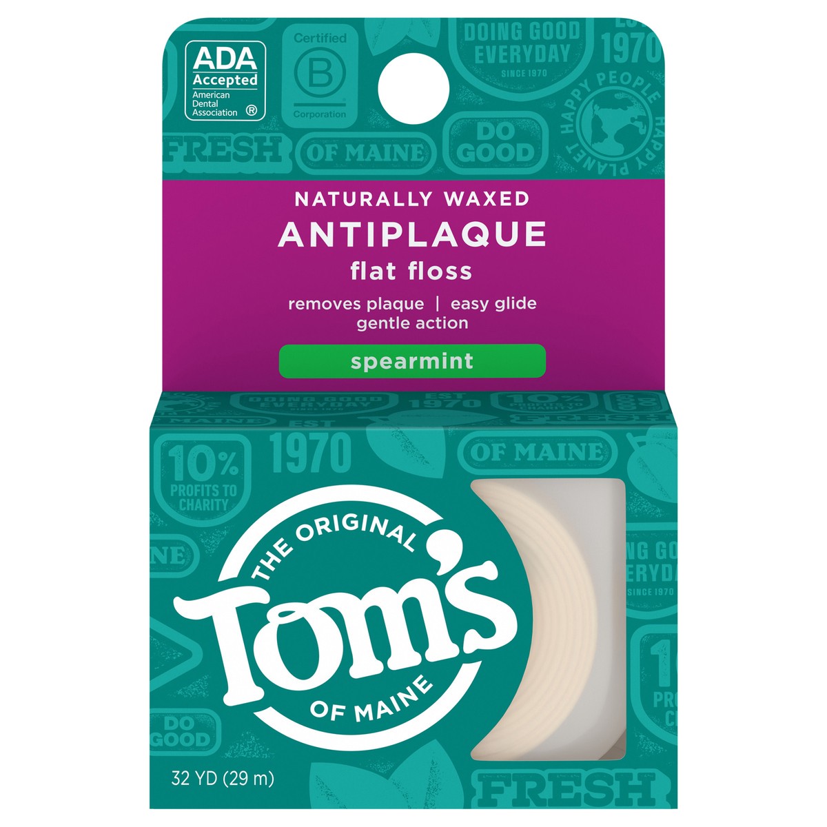 slide 1 of 1, Tom's of Maine Naturally Waxed Antiplaque Flat Dental Floss, Spearmint, 32 Yards, 1 ct