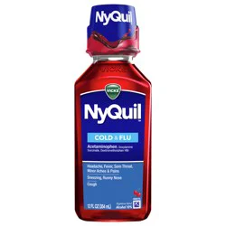 Vicks NyQuil Cherry Cold & Flu Relief Liquid Over-the-Counter Medicine, Powerful Multi-Symptom Nighttime Relief for Headache, Fever, Sore Throat, Minor Aches and Pains, Sneezing, Runny Nose, and Cough, Cherry Flavored, 12 FL OZ