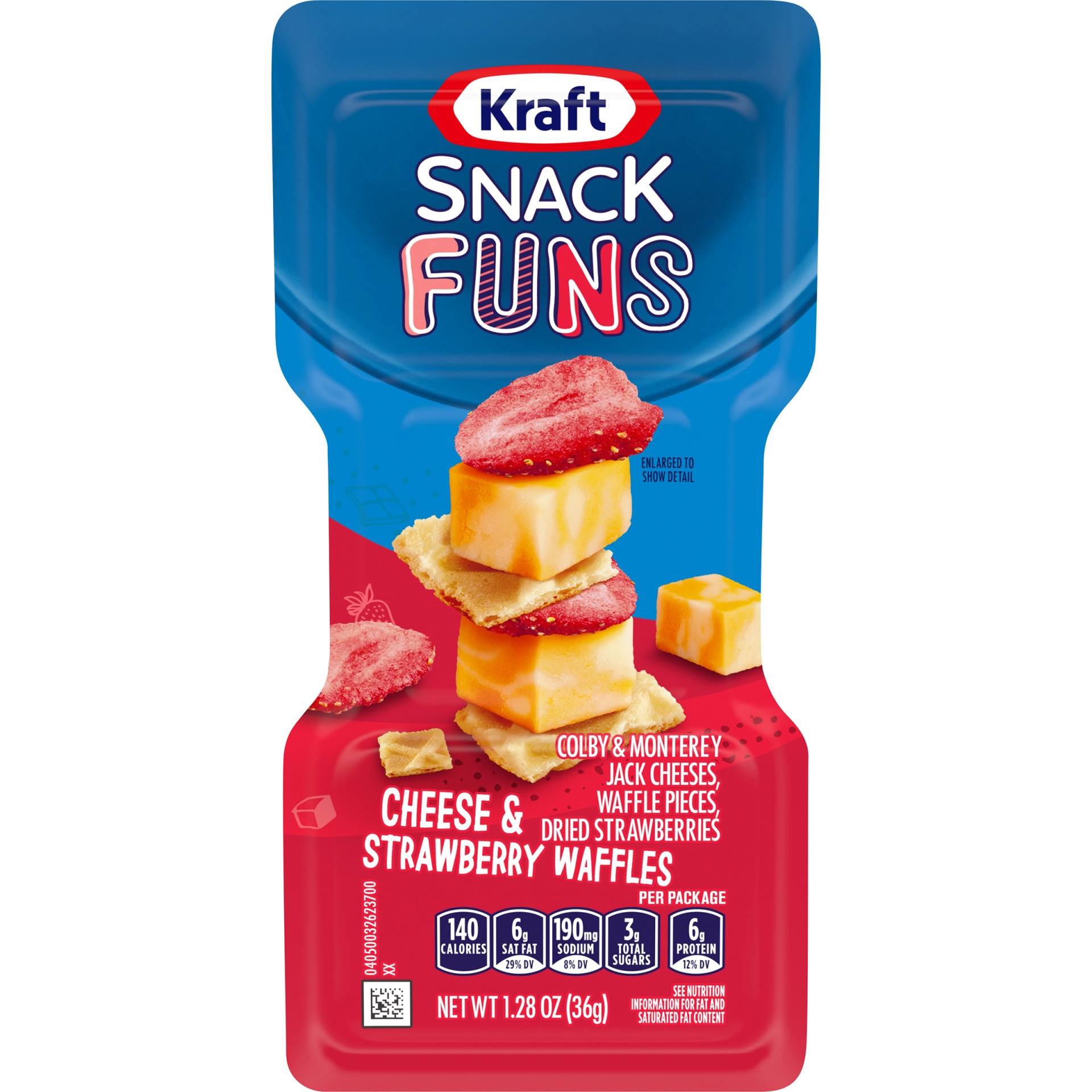 slide 1 of 6, Kraft Trios Snack Funs Cheese & Strawberry Waffles Snack Pack with Colby & Monterey Jack Cheeses, Waffle Pieces & Dried Strawberries Tray, 1.28 oz