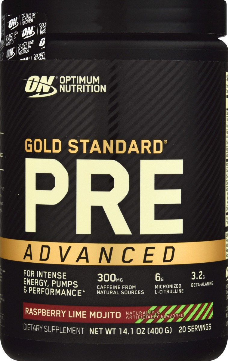 slide 7 of 12, Optimum Nutrition Gold Standard Advanced Raspberry Lime Mojito Pre-Workout 14.1 oz, 14.1 oz