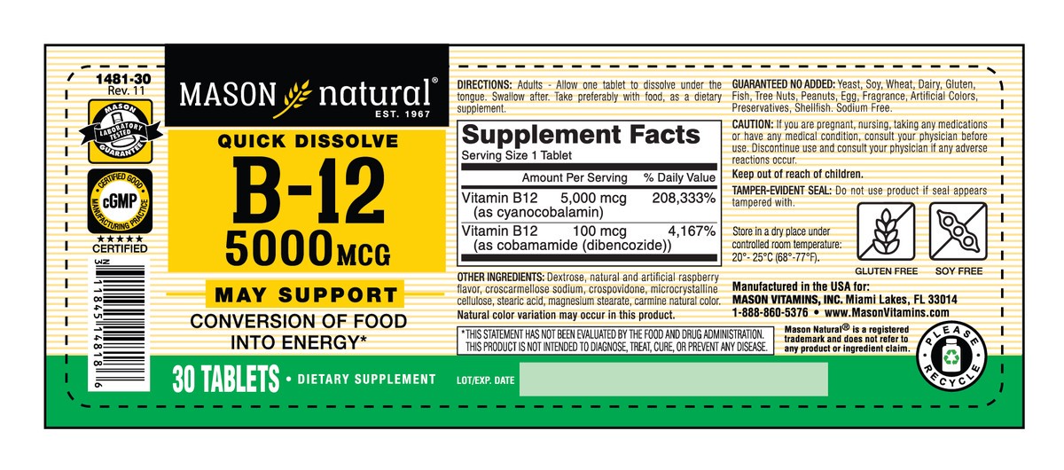 slide 5 of 9, Mason Natural Vitamin B12 5,000 mcg (Cyanocobalamin) - Supports Conversion of Food into Energy, Dissolves Under Tongue (Raspberry Flavor), 30 Tablets, 30 ct