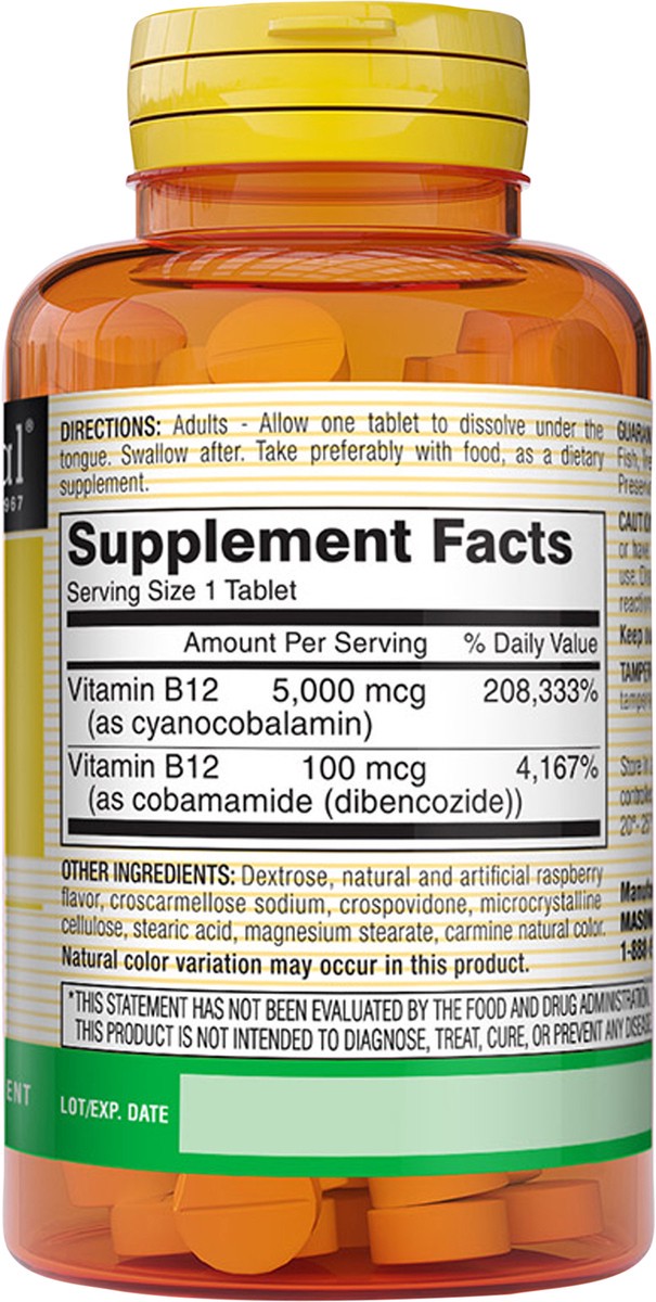 slide 9 of 9, Mason Natural Vitamin B12 5,000 mcg (Cyanocobalamin) - Supports Conversion of Food into Energy, Dissolves Under Tongue (Raspberry Flavor), 30 Tablets, 30 ct