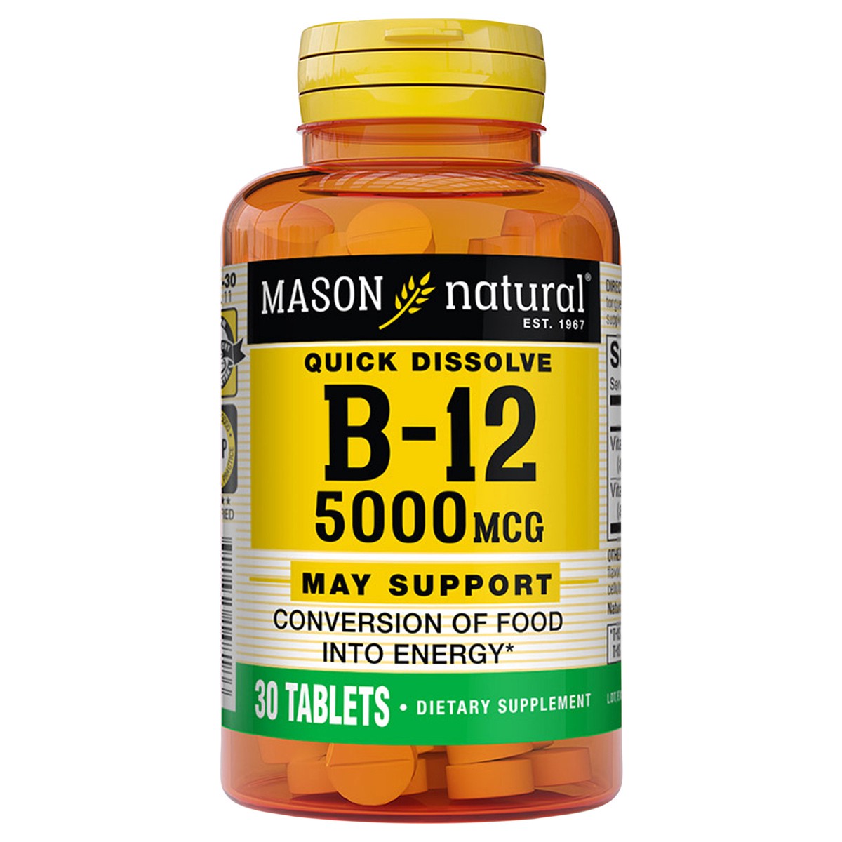 slide 8 of 9, Mason Natural Vitamin B12 5,000 mcg (Cyanocobalamin) - Supports Conversion of Food into Energy, Dissolves Under Tongue (Raspberry Flavor), 30 Tablets, 30 ct