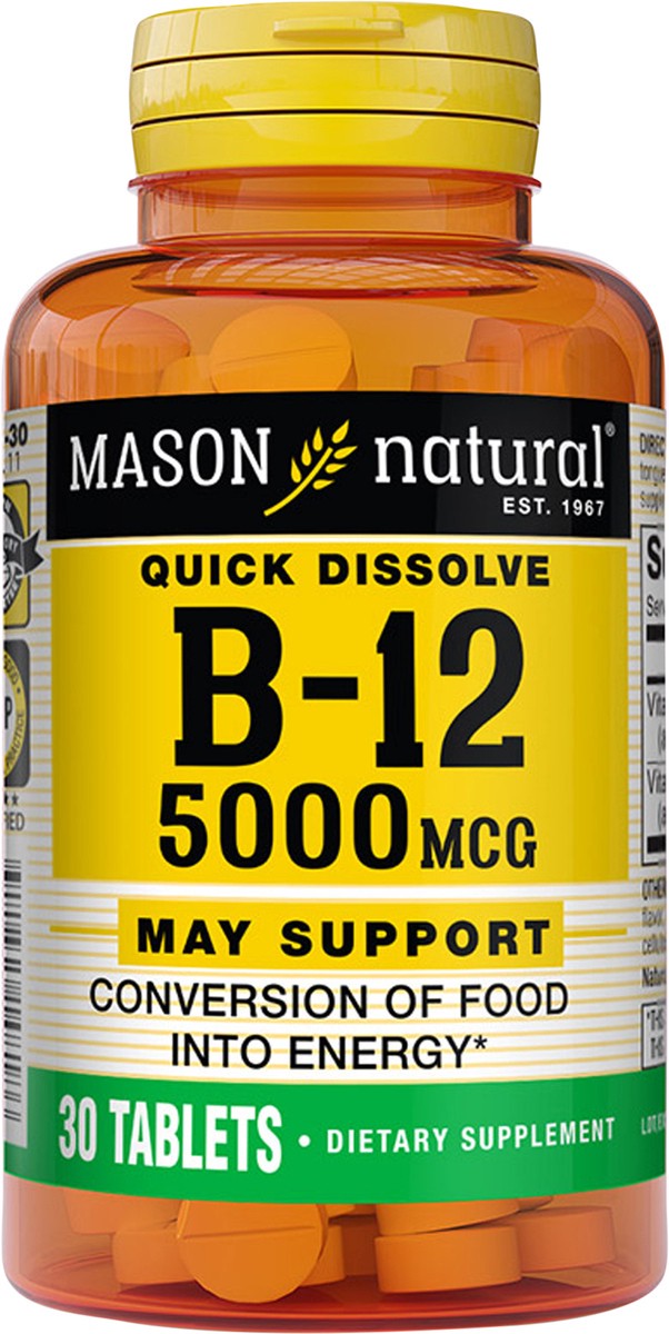 slide 4 of 9, Mason Natural Vitamin B12 5,000 mcg (Cyanocobalamin) - Supports Conversion of Food into Energy, Dissolves Under Tongue (Raspberry Flavor), 30 Tablets, 30 ct