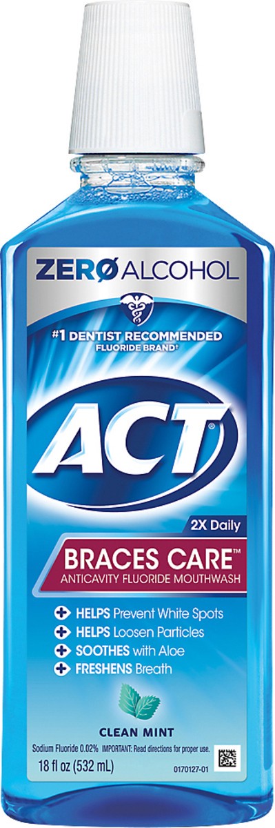 slide 3 of 3, ACT Braces Care Anticavity Fluoride Mouthwash Clean Mint, 18 oz