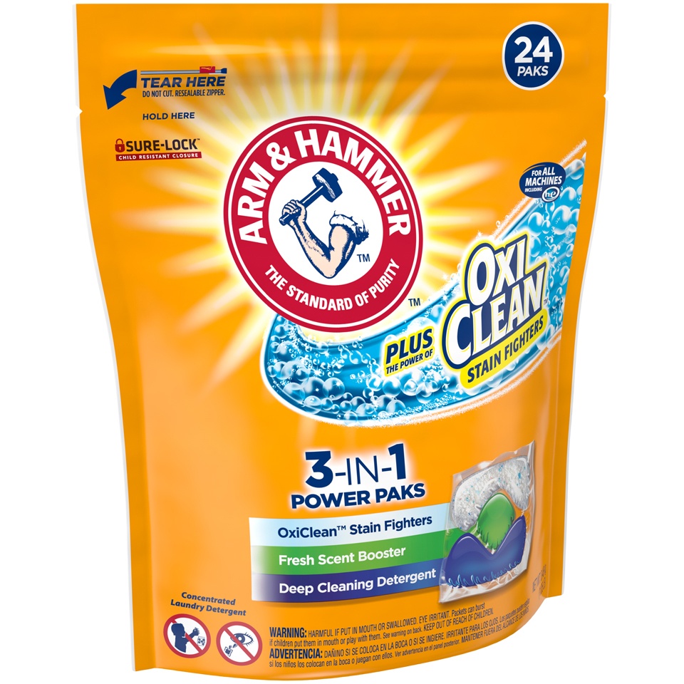 slide 2 of 4, ARM & HAMMER Power Packs Oxi Clean 3 in 1, 24 ct