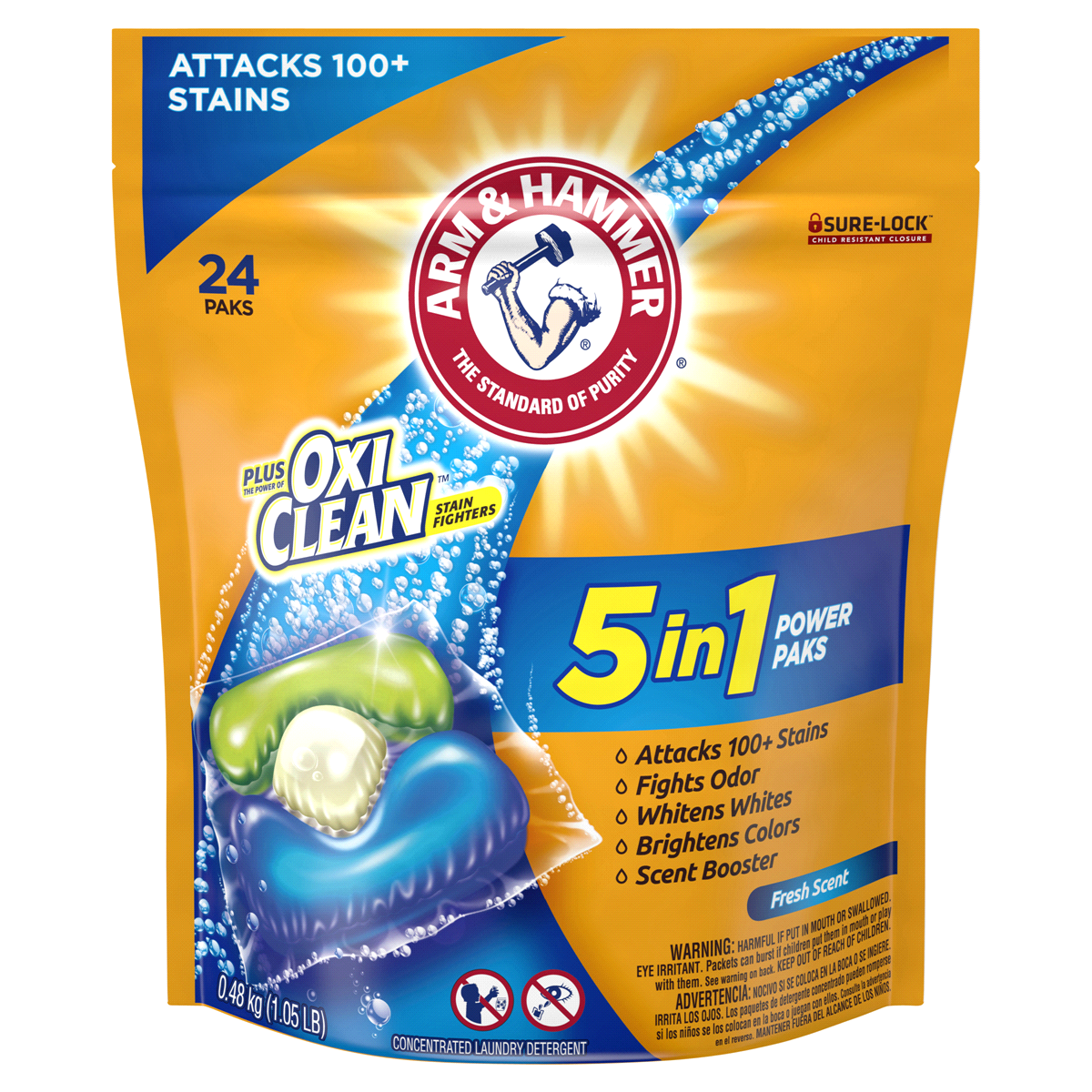 slide 1 of 4, ARM & HAMMER Power Packs Oxi Clean 3 in 1, 24 ct