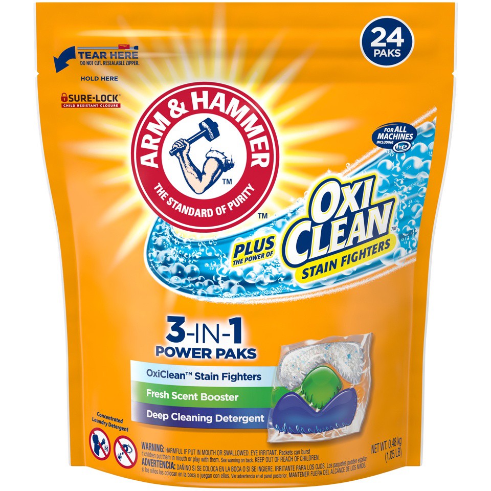 slide 1 of 9, ARM & HAMMER Plus OxiClean Stain Fighters: 5-in-1 Laundry Detergent Power Paks, Laundry Stain Remover, Attacks 100 Plus Stains, Fresh Scent, 24 Count, 24 ct