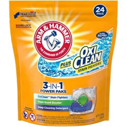 ARM & HAMMER Plus OxiClean Stain Fighters: 5-in-1 Laundry Detergent Power Paks, Laundry Stain Remover, Attacks 100 Plus Stains, Fresh Scent, 24 Count