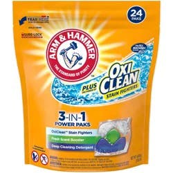 ARM & HAMMER Plus OxiClean Stain Fighters: 5-in-1 Laundry Detergent Power Paks, Laundry Stain Remover, Attacks 100 Plus Stains, Fresh Scent, 24 Count