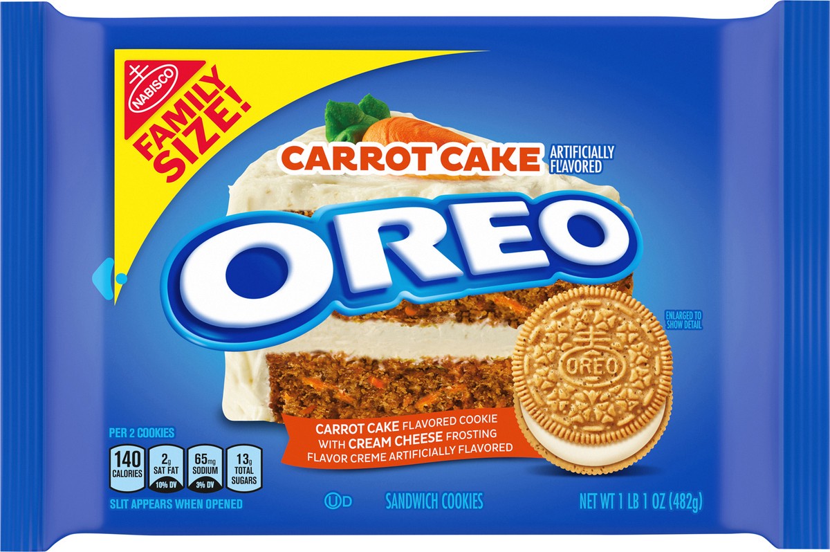 slide 4 of 9, OREO Carrot Cake with Cream Cheese Creme Sandwich Cookies, Family Size, 17 oz, 17 oz