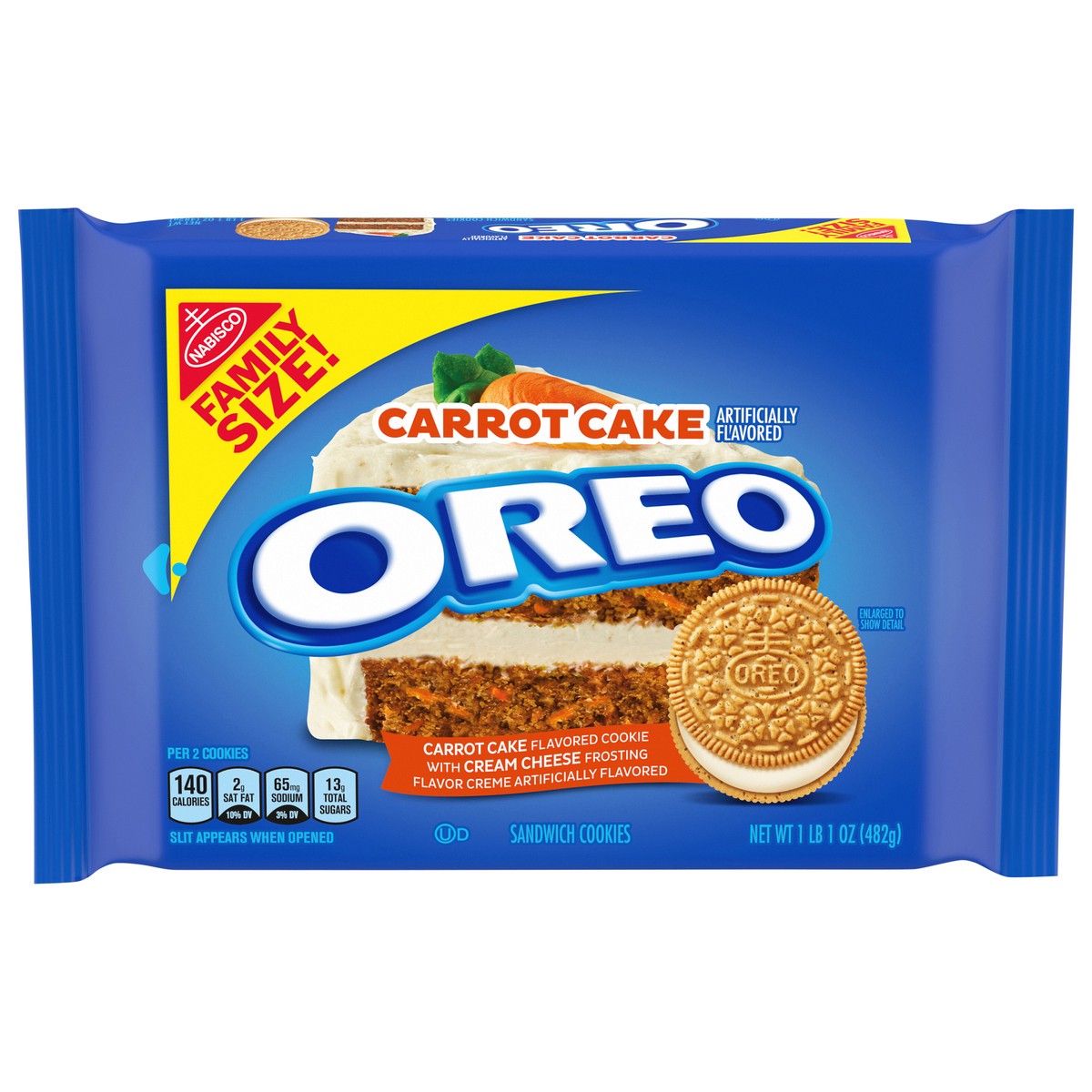 slide 1 of 9, OREO Carrot Cake with Cream Cheese Creme Sandwich Cookies, Family Size, 17 oz, 17 oz