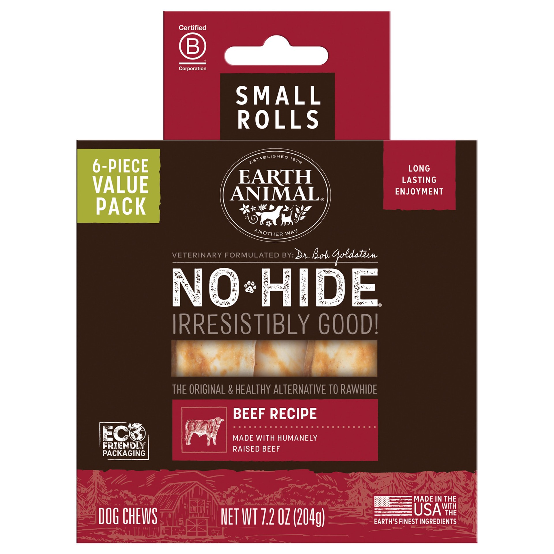 slide 1 of 1, Earth Animal No-Hide Rolls Beef Recipe Small Natural Long-Lasting Rawhide Alternative Dog Chews, 7.2 oz., Count of 6, 1 ct