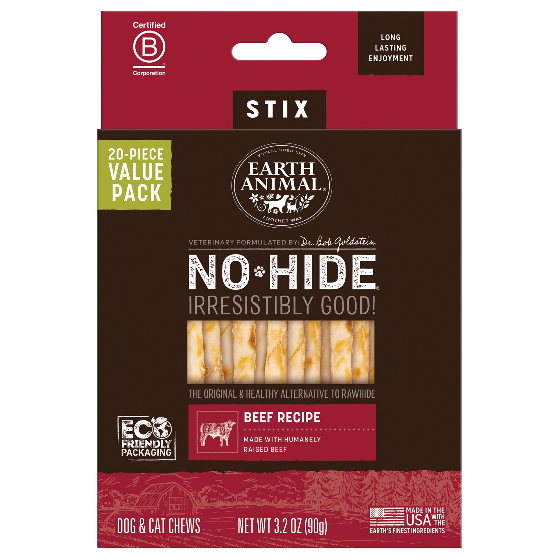 slide 1 of 1, Earth Animal No-Hide Stix Beef Recipe Natural Long-Lasting Rawhide Alternative Dog & Cat Chews, 3.2 oz., Count of 20, 1 ct