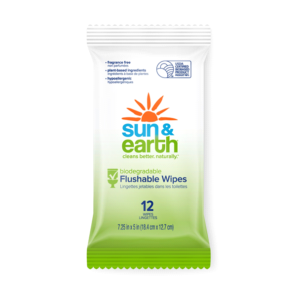 slide 1 of 1, Sun & Earth Flushable Wipes, 12 ct