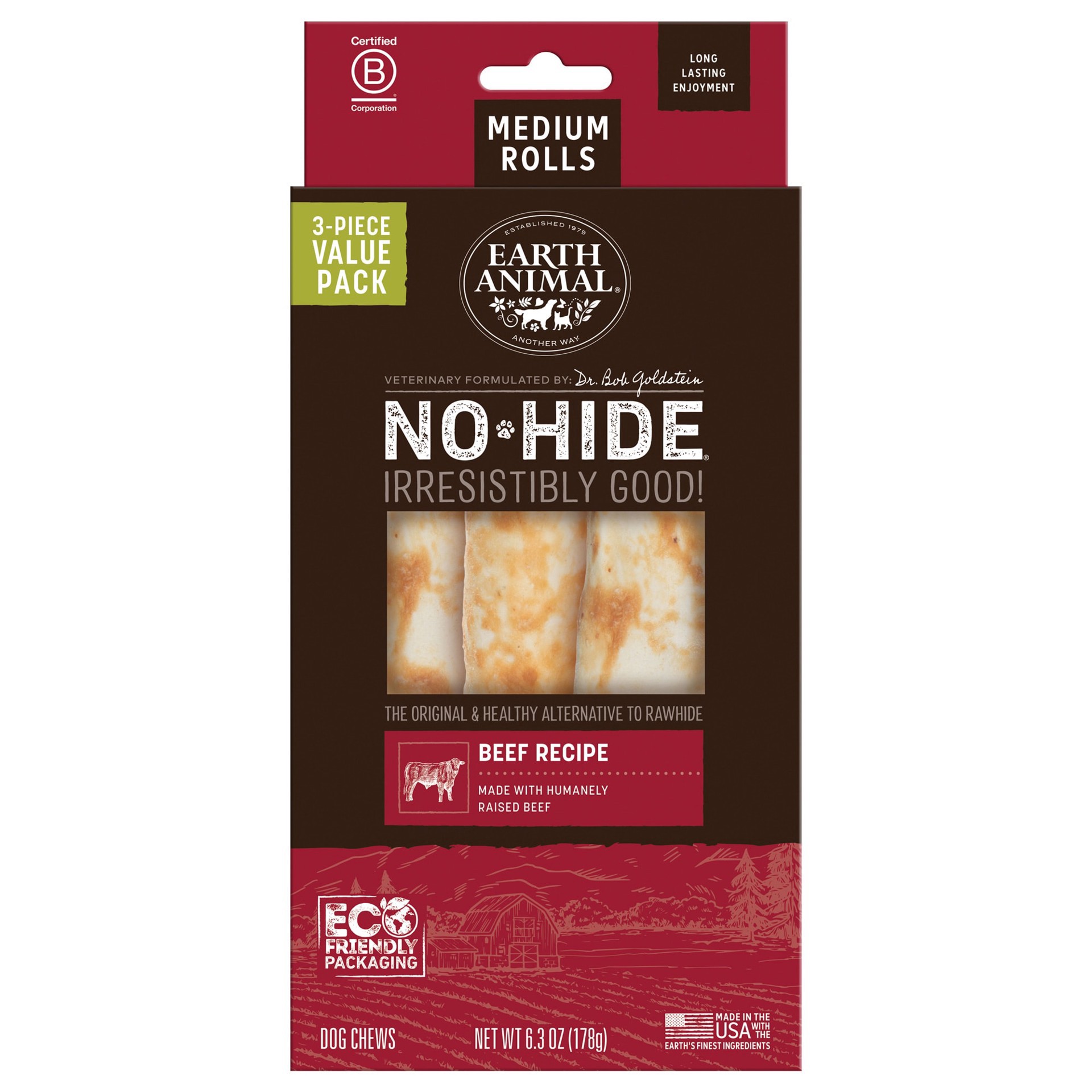 slide 1 of 1, Earth Animal No-Hide Rolls Beef Recipe Medium Natural Long-Lasting Rawhide Alternative Dog Chews, 6.3 oz., Count of 3, 1 ct