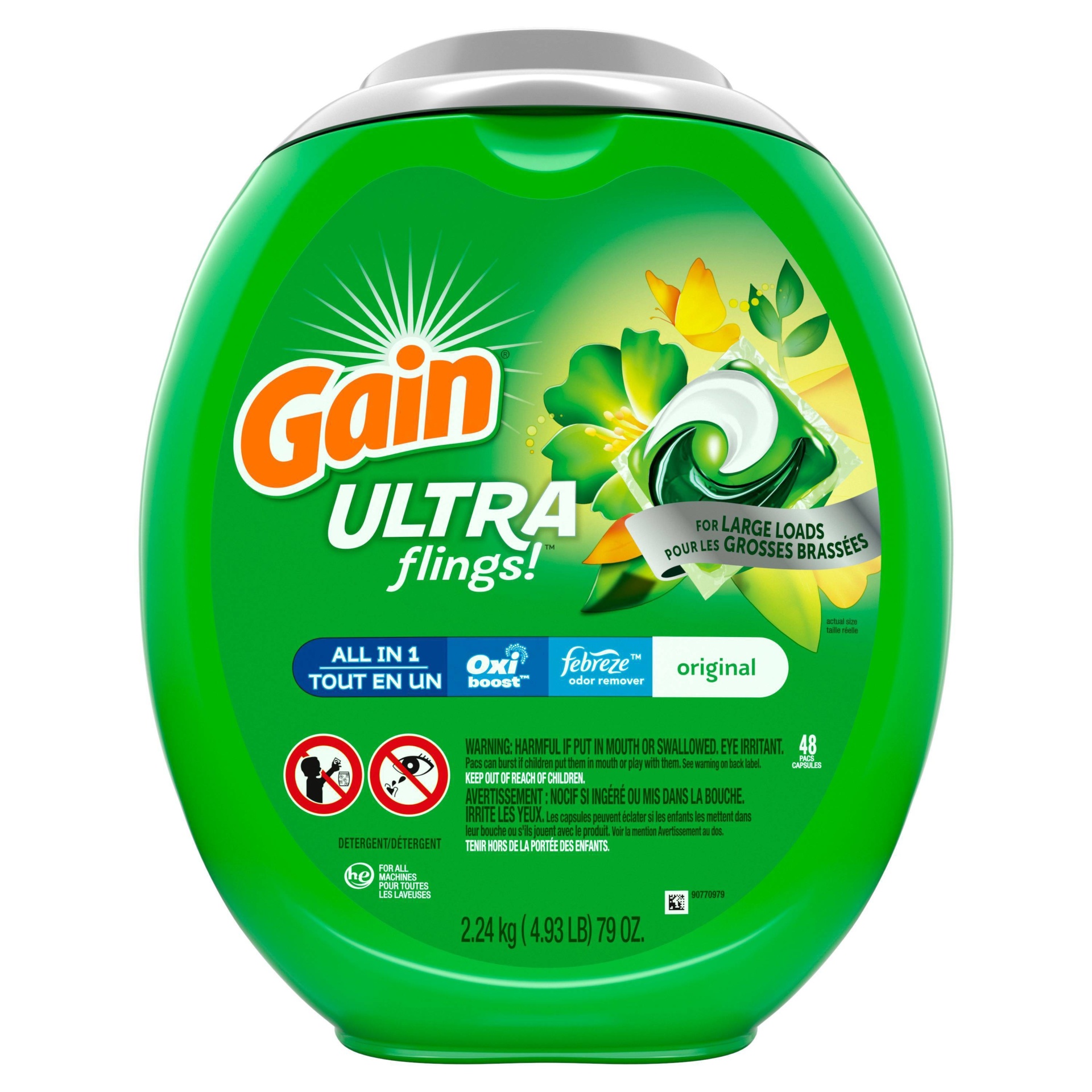 slide 1 of 1, Gain Ultra Flings Liquid Laundry Detergent Pacs Designed for Large Loads, Original Scent, 48 ct