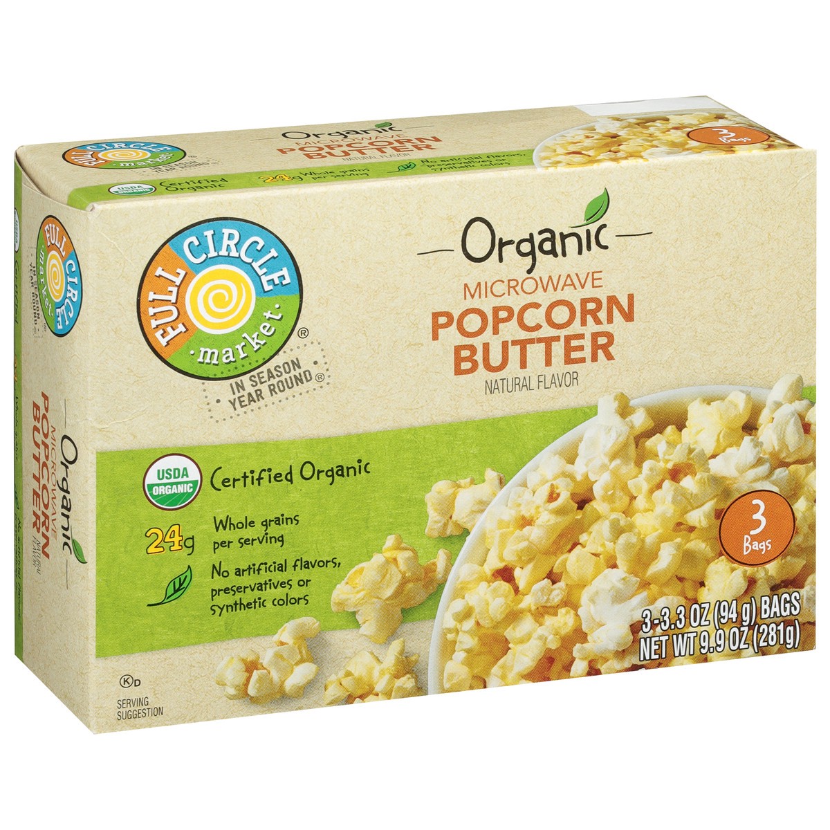 slide 2 of 9, Full Circle Market Organic Microwave Butter Popcorn 3 ea, 3 ct