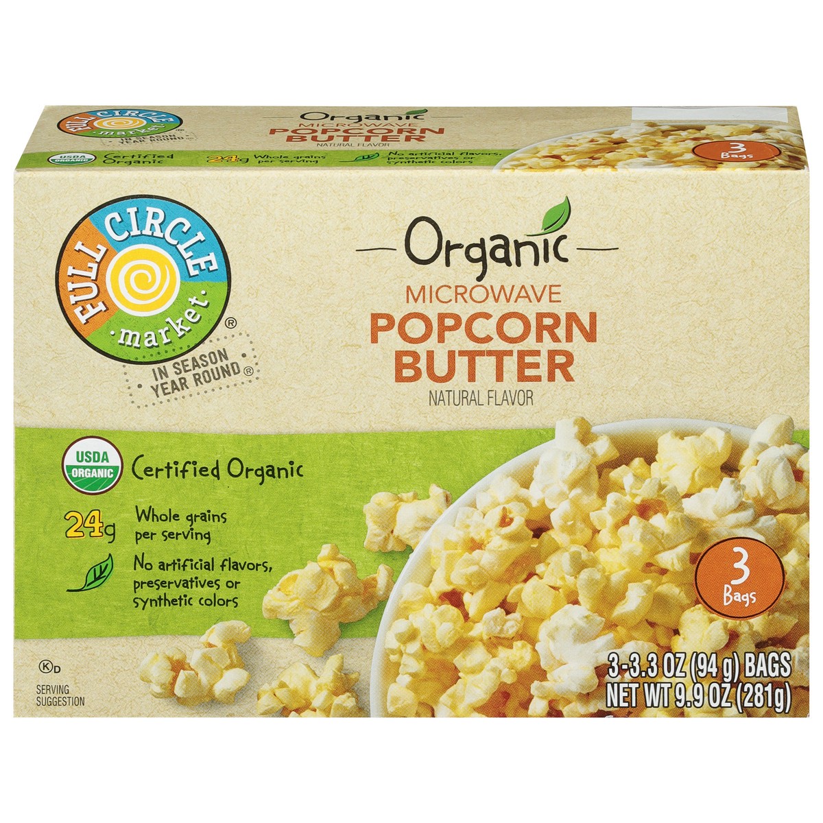 slide 1 of 9, Full Circle Market Organic Microwave Butter Popcorn 3 ea, 3 ct