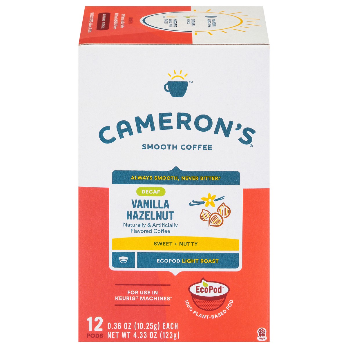 slide 1 of 9, Cameron's Decaf Light Roast Vanilla Hazelnut Smooth Coffee 12 EcoPods, 12 ct