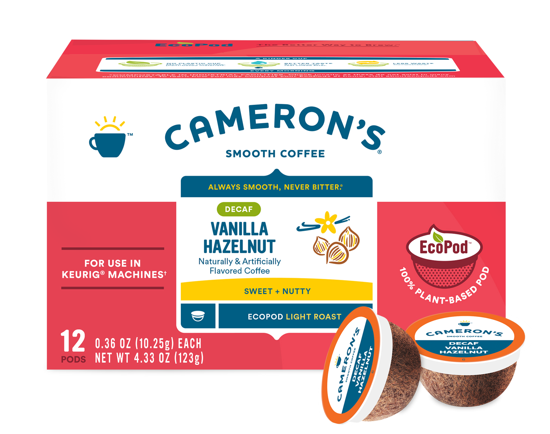 slide 1 of 9, Cameron's Coffee Single Serve Pods, Flavored Decaf, Vanilla Hazelnut, 12 Count, 4.33 oz