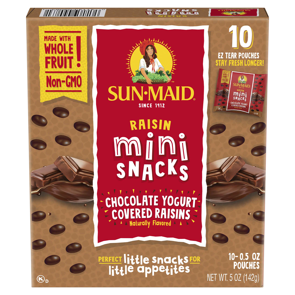 slide 1 of 21, Sun-Maid Chocolate Yogurt Covered Raisins 10-Count Box/.5oz Pouches, 5 oz