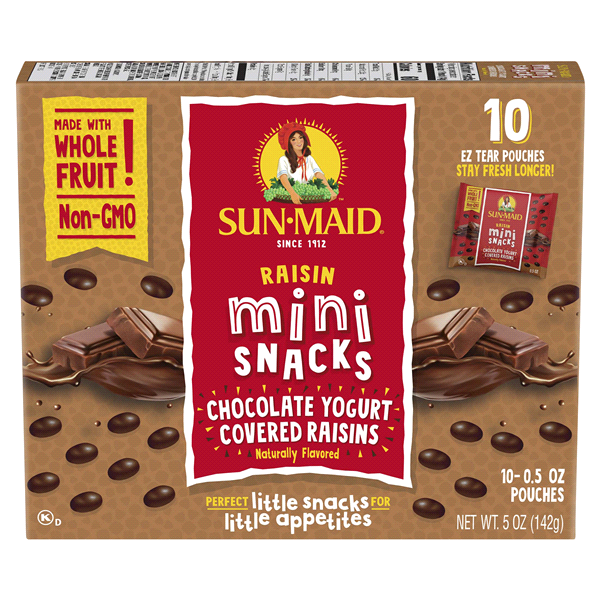 slide 2 of 21, Sun-Maid Chocolate Yogurt Covered Raisins 10-Count Box/.5oz Pouches, 5 oz