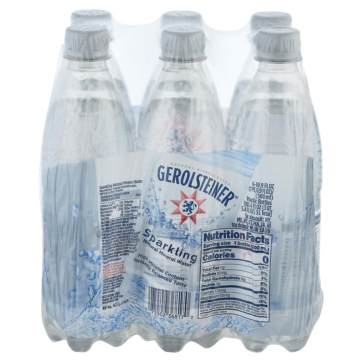 Gerolsteiner Sparkling Natural Mineral Water 6 16.9 fl oz Bottles 6
