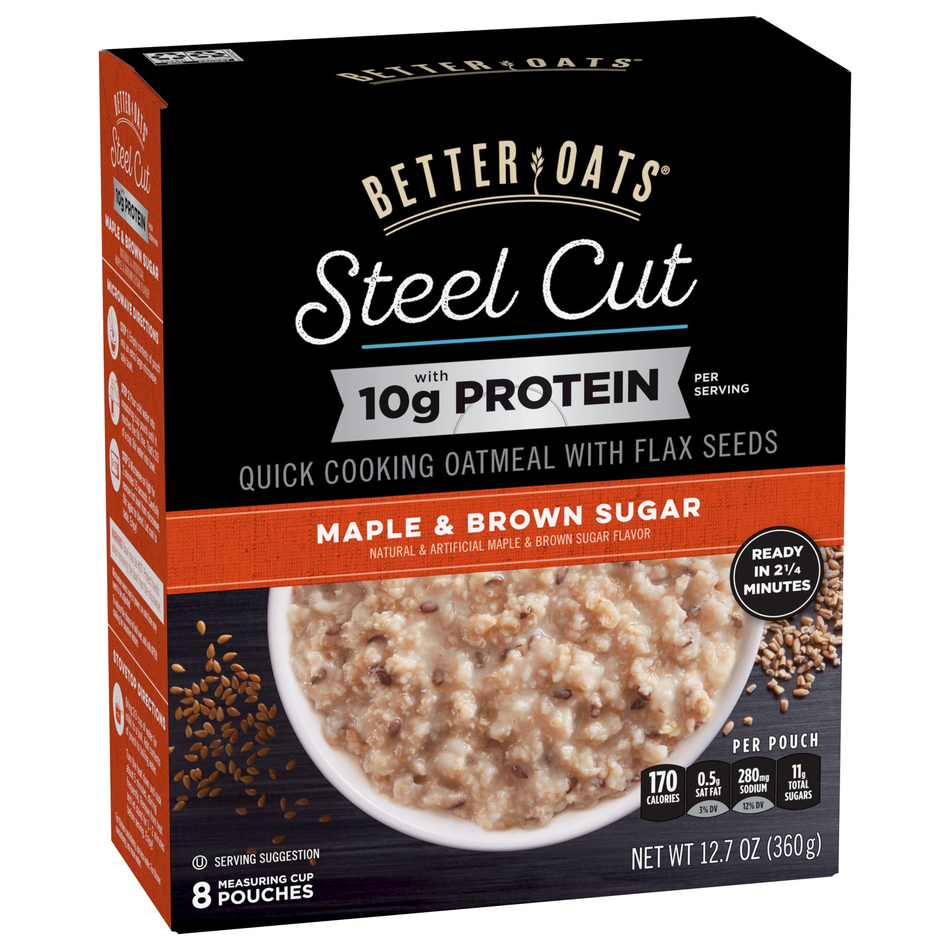 slide 5 of 5, Better Oats Steel Cut Protein Oatmeal with Flax Seeds, 8 Instant Maple and Brown Sugar Oatmeal Pouches, 12.7 OZ Pack, 8 ct; 1.58 oz