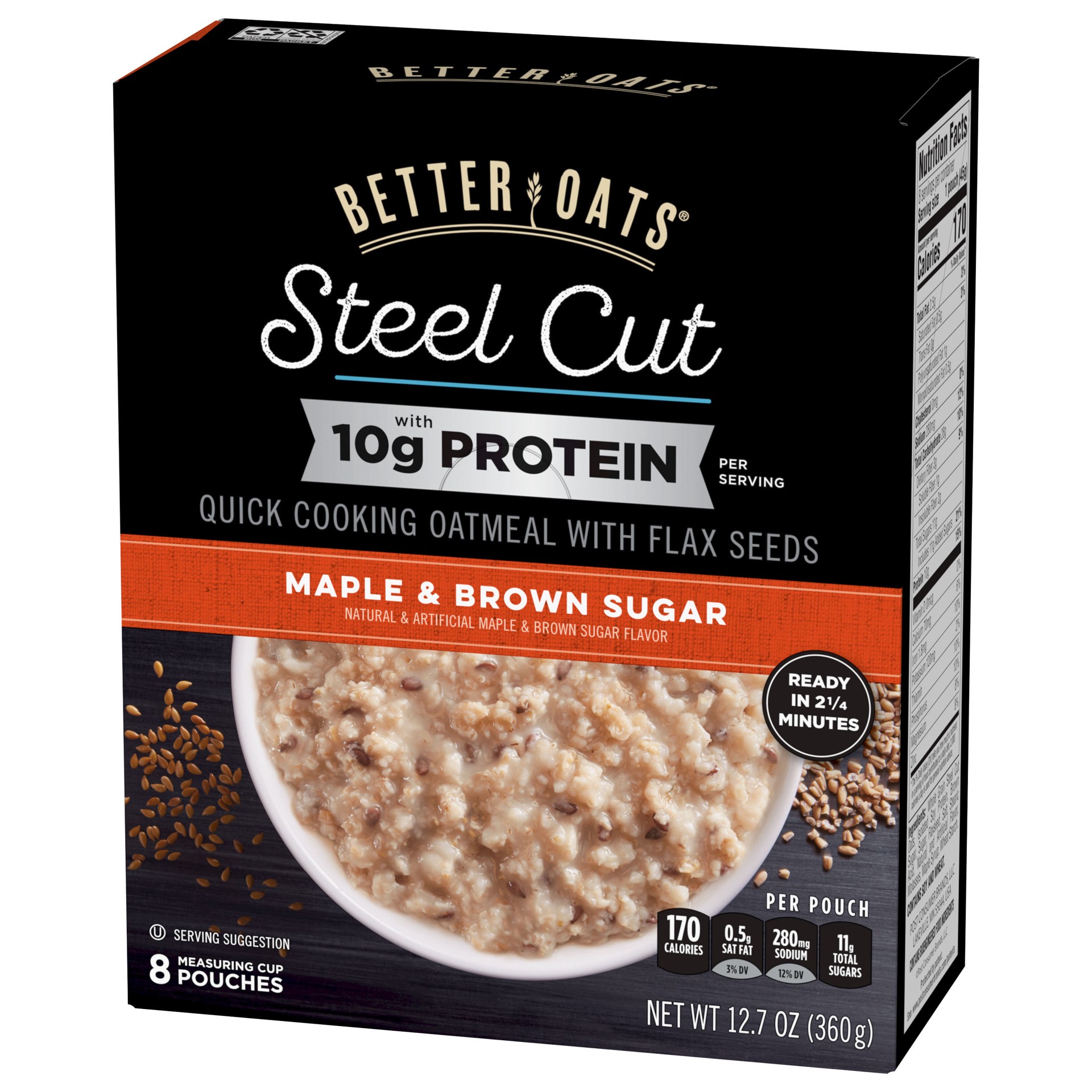 slide 4 of 5, Better Oats Steel Cut Protein Oatmeal with Flax Seeds, 8 Instant Maple and Brown Sugar Oatmeal Pouches, 12.7 OZ Pack, 8 ct; 1.58 oz